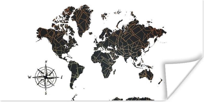 Muurdecoratie - Wereldkaart - Windroos - Goud - Design - 80x40 cm - Poster