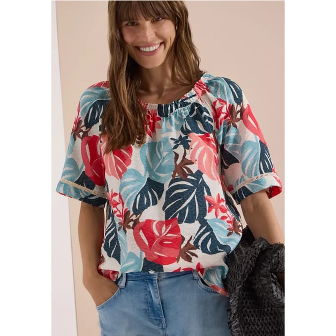 Carmen blouse met korte mouwen en bladprint