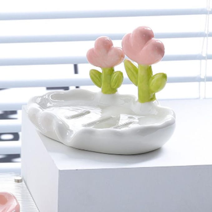 Creatieve schattige bloemen PP zeepdoos huishoudelijke zeepafvoer washouder voor badkamer thuis beige