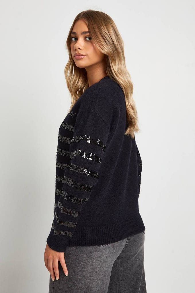 boohoo Dames Sequin Stripe Oversized Gebreide Trui | Black | Maat: Medium