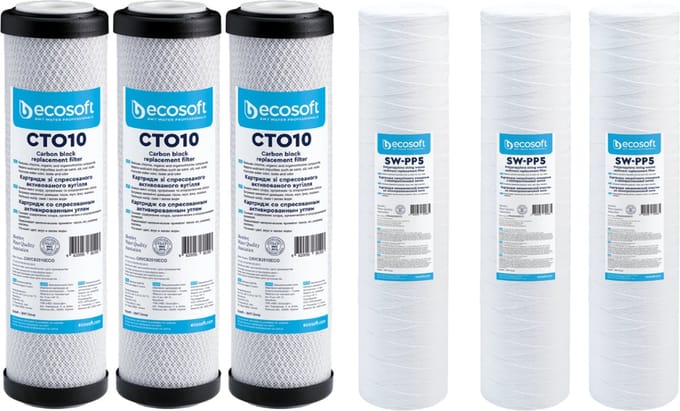 Ecosoft filterpatronen voor waterfilter - 3 x actief koolfilter + 3 x 5 micron koordfilter
