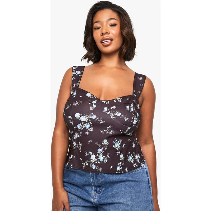 boohoo Dames PLUS DITSY KANTDETAIL BENGALINE TOP | Zwart | Maat: 56
