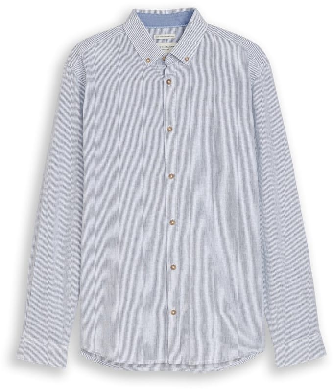 Tom Tailor - Overhemd met normale pasvorm en linnenmix - Maat XL - white navy small stripe