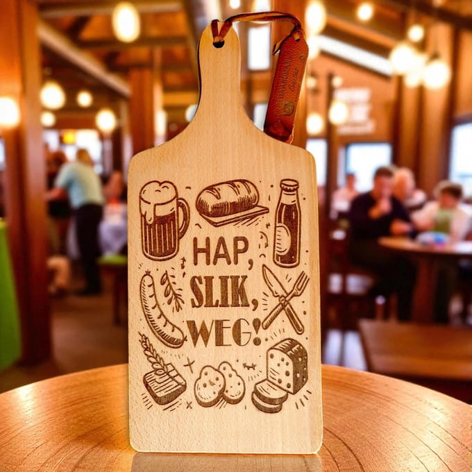 Baardmans Creaties - Luxe plantaardig geoliede serveerplank beukenhout klein ‘Hap slik weg’