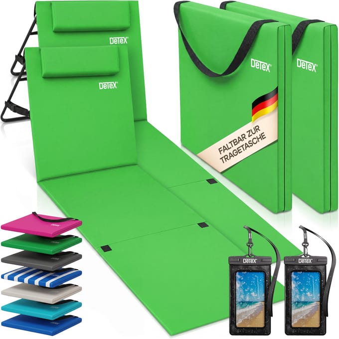 DETEX Set 2x Opvouwbare Strandmat - Rugleuning Kussen Draagriem - Groen