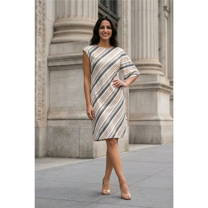 Asymmetrische Gestreepte Maxi-jurk met Ronde Hals