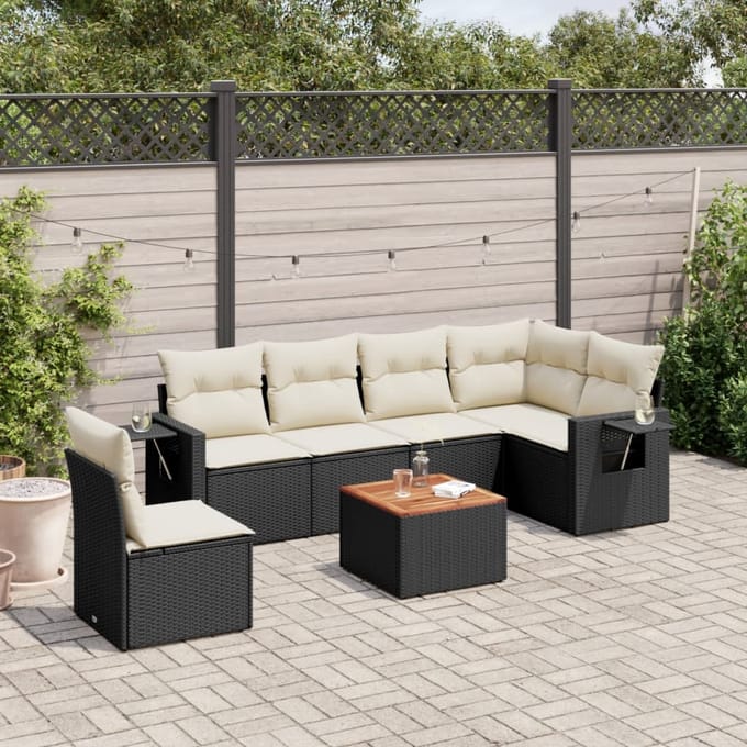 vidaXL - 7-delige - Loungeset - met - kussens - poly - rattan - zwart