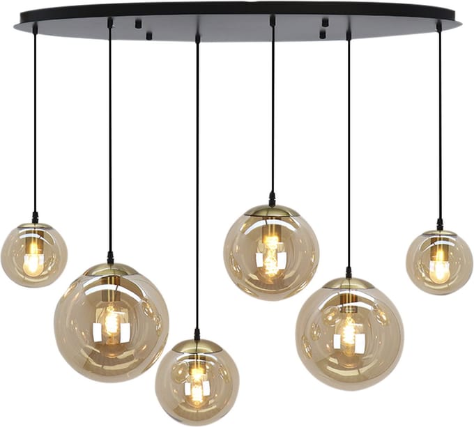 Olucia - DOLF - Hanglamp - Amber / Zwart - 6L - Vorm: Ovaal