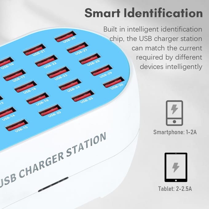 Multipoort USB-oplader 30-poorts desktop USB-oplaadstation Hub 32A/160W vermogen 5V 1A-2.4A uitgang EU Plug wit