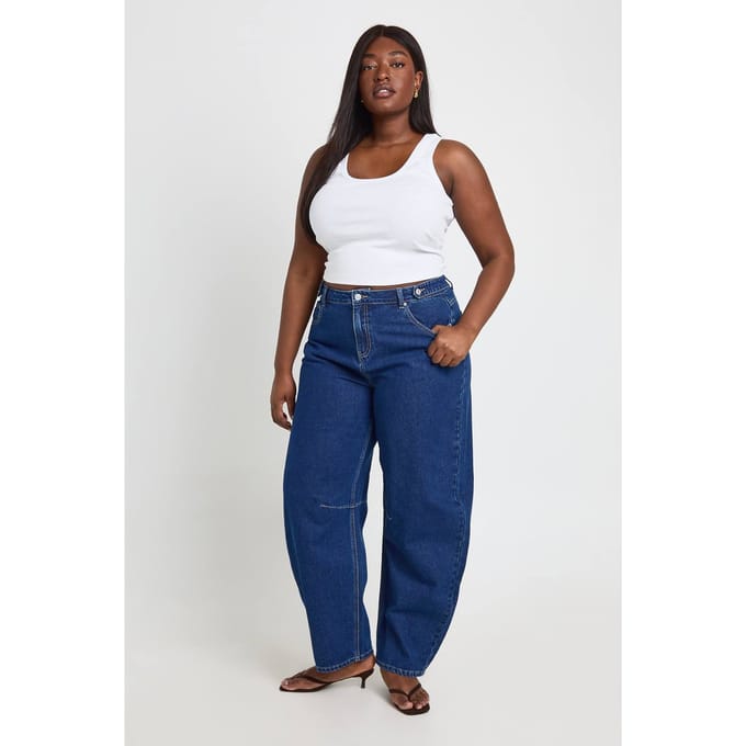 boohoo Dames Plus Hoge Taille Losse Barrel Jeans | Indigo | Maat: 44