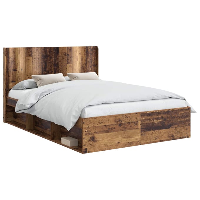 vidaXL - Bedframe - met - opbergruimte - en - hoofdbord - Oud - hout - 150 - x - 200 - cm