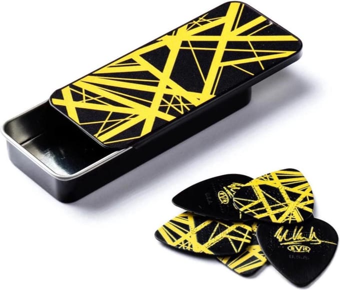 Jim Dunlop EVH Black Yellow - Plectrums - Nylon Max Grip - 0,60 mm - Blik 6 Stuks