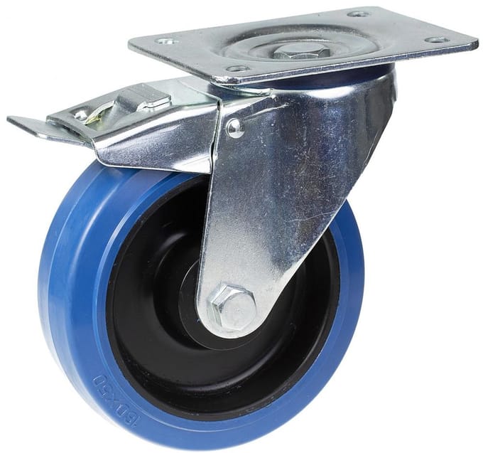 Draaibare remwiel van 160 mm met blauw elastisch rubber op een nylon middenwiel