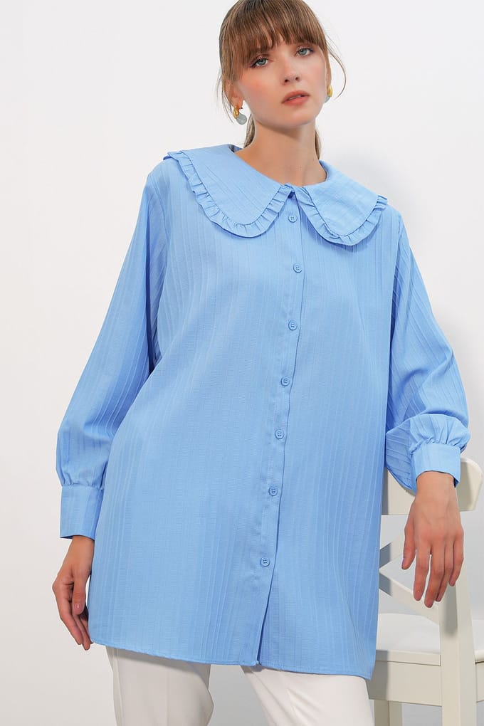 Langsleeve Textured Shirt Met Baby Kraag