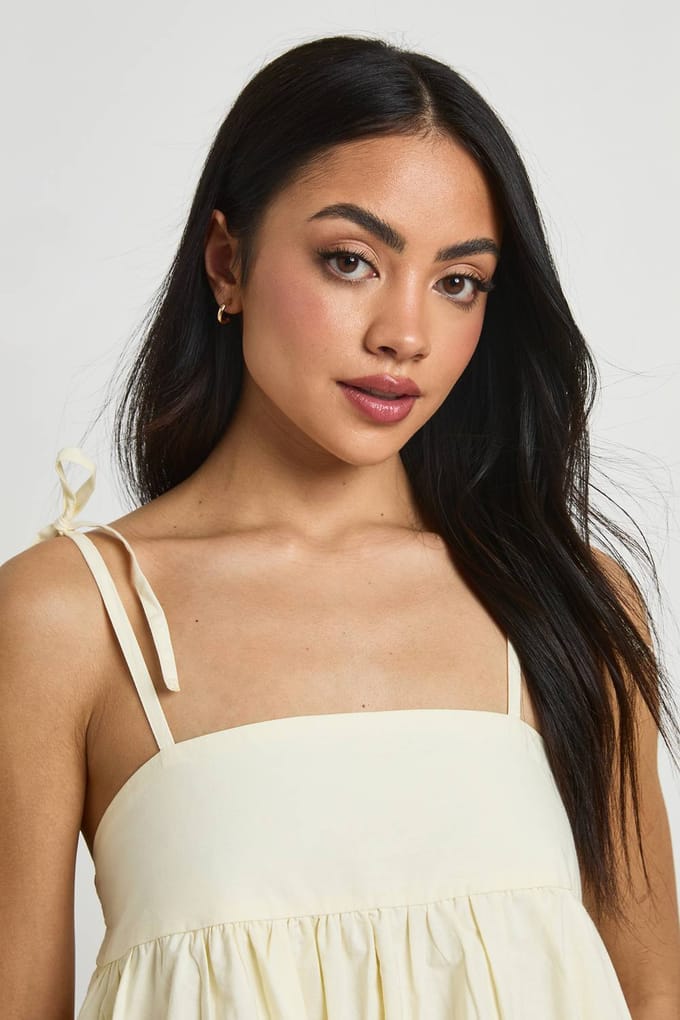 boohoo Dames Katoenen Poplin Puff Ball Mini Jurk | Citroen | Maat: 34