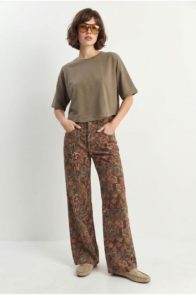 Hoge Taille Paisley Print Rechte Spijkerbroek