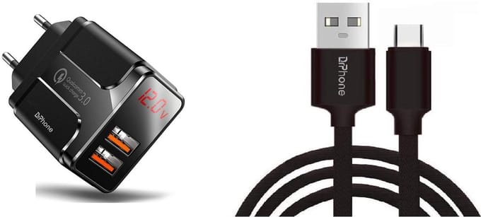 DrPhone PS-Y - Snellader Set – USB-C Kabel 2M + 18W Quick Charge 3.0 Adapter – Dubbele USB Lader met Digitaal Display – Zwart