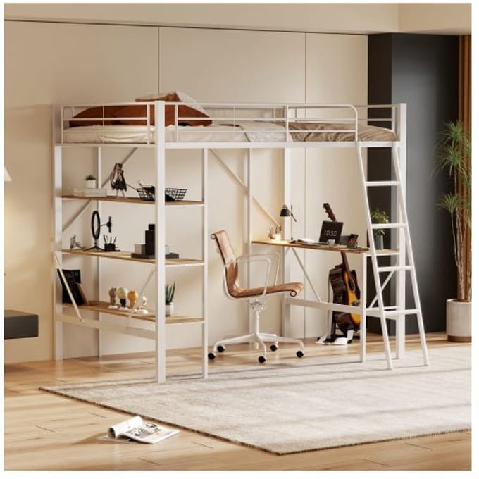 Lit mezzanine - MUVOE - 90x200 cm - Métal blanc - Bureau intégré - 3 étagères blanc