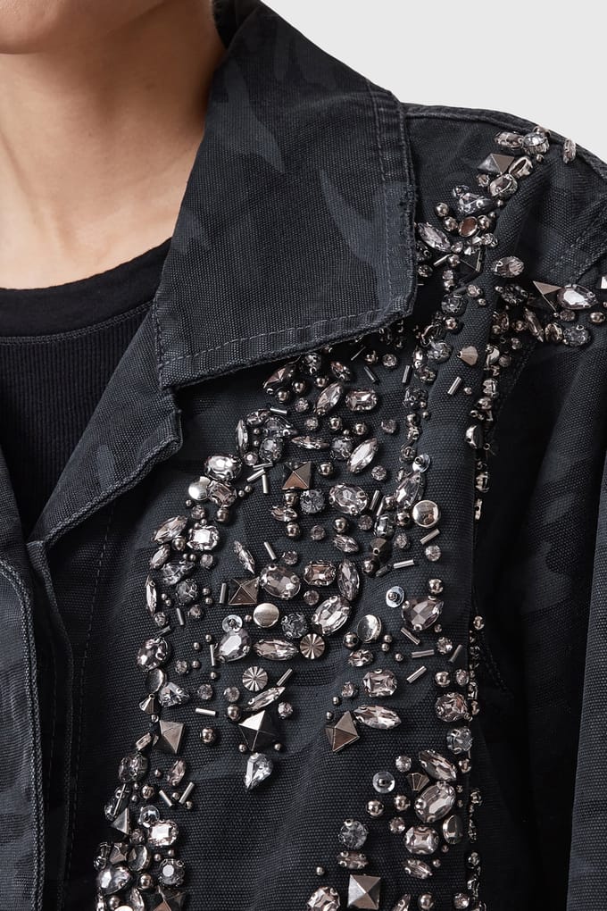 AllSaints Finch Camo Jacket Ink Blue Größe: 2 | Militärjacken Outlet | Damen | Blau