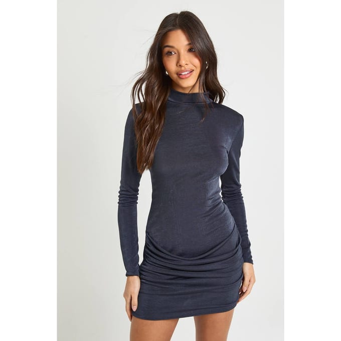 boohoo Dames Mini jurk met hoge hals, gedrapeerde taille en slinky pasvorm | Houtskool | Maat: 36