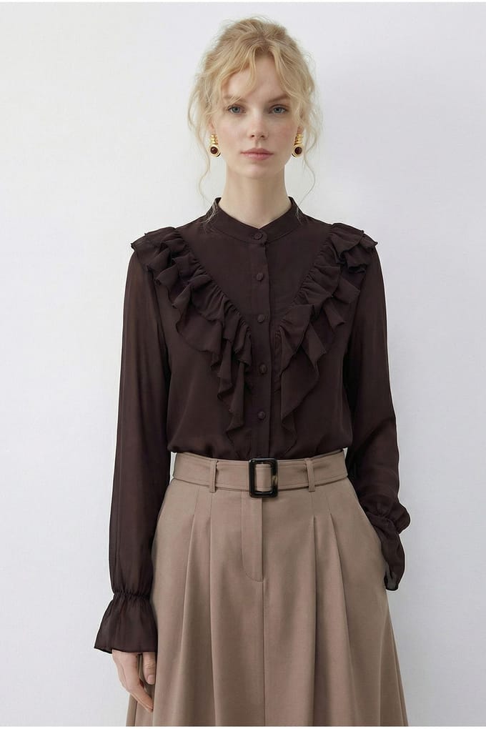 Rimpelige Mandarin Kraag Lange Mouw Chiffon Blouse