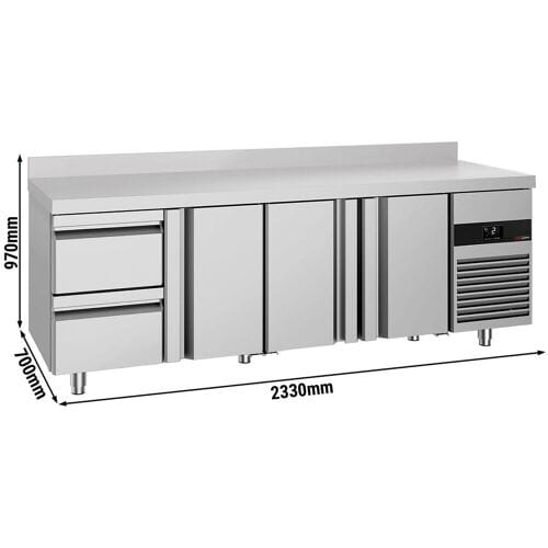 GGM Gastro Koelwerkbank PREMIUM - 2330x700mm - met 3 deuren - met 2 lades - met opstand zilver