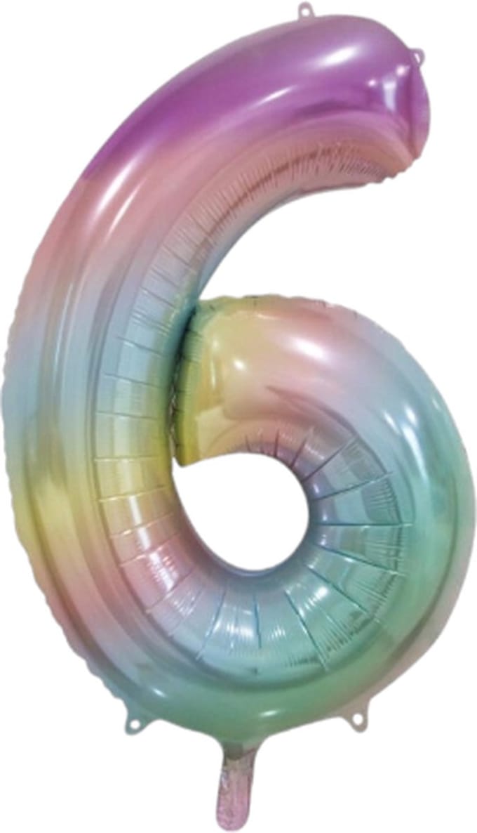 Folieballon cijfer 6 regenboog pastel, 86cm