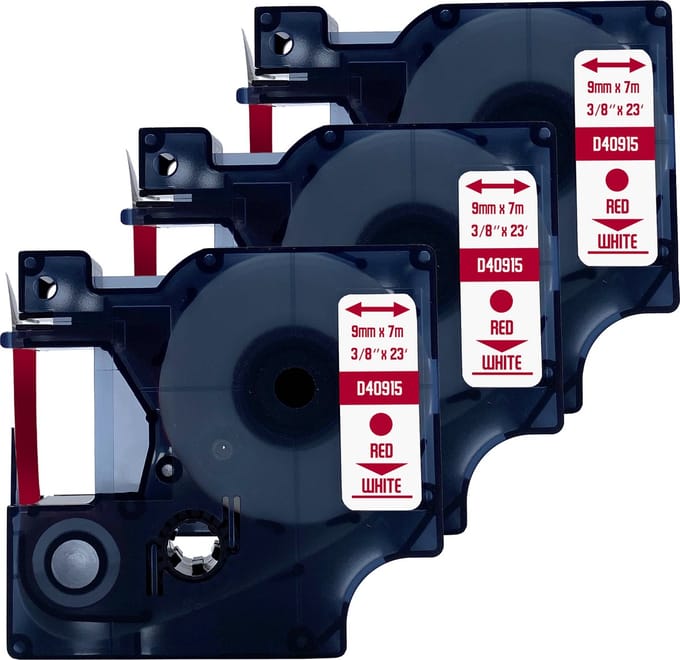 DULA Dymo D1 40915 - S0720700 - Compatible label tape - 3 lettertapes - Rood op wit - 9mm x 7m