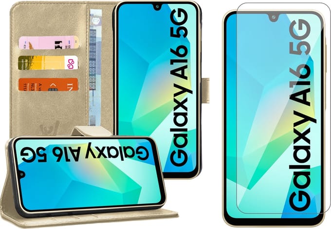 Hoesje geschikt voor Samsung Galaxy A16 - Screenprotector Glas - Portemonnee Book Case Goud