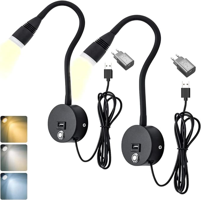 Dimbare LED Wandleeslamp met Touch Switch en USB-lader - 360° Flexibele Zwanenhalslamp (2 Stuks)