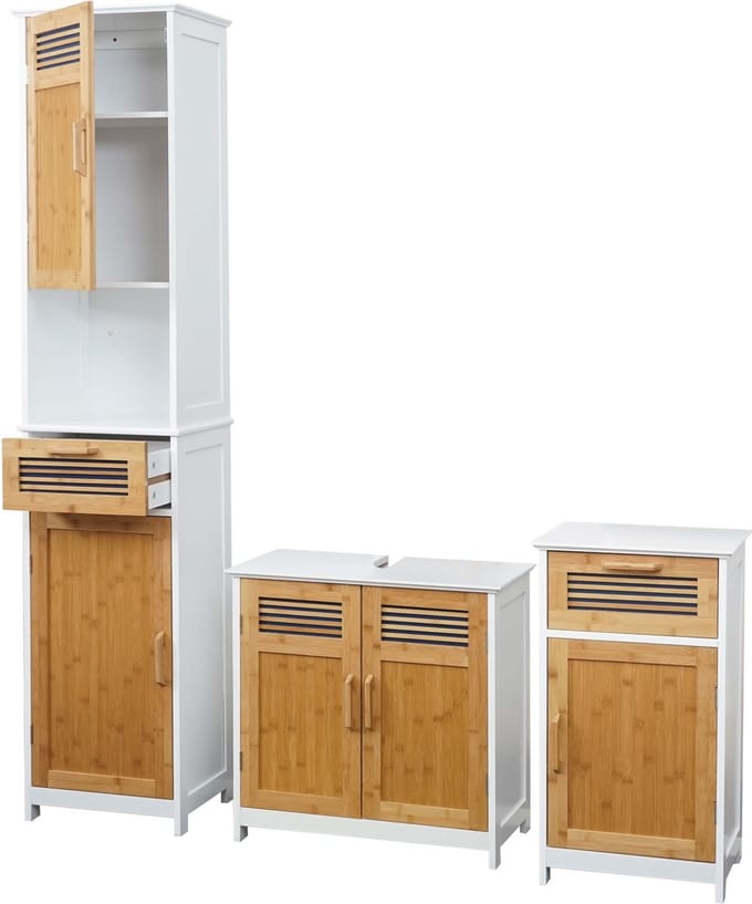 Badkamer set MCW-A85, hoge wastafel badmeubel bamboe ladekast, wit