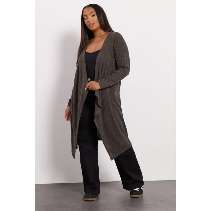 Yours Bruin Geribbeld Midaxi Waterval Cardigan Size 50-52