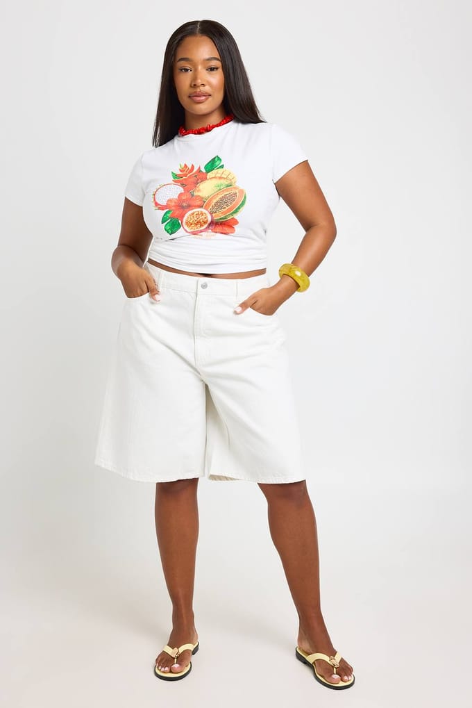 boohoo Dames Plus Mid Rise Denim Jorts | Wit | Maat: 54