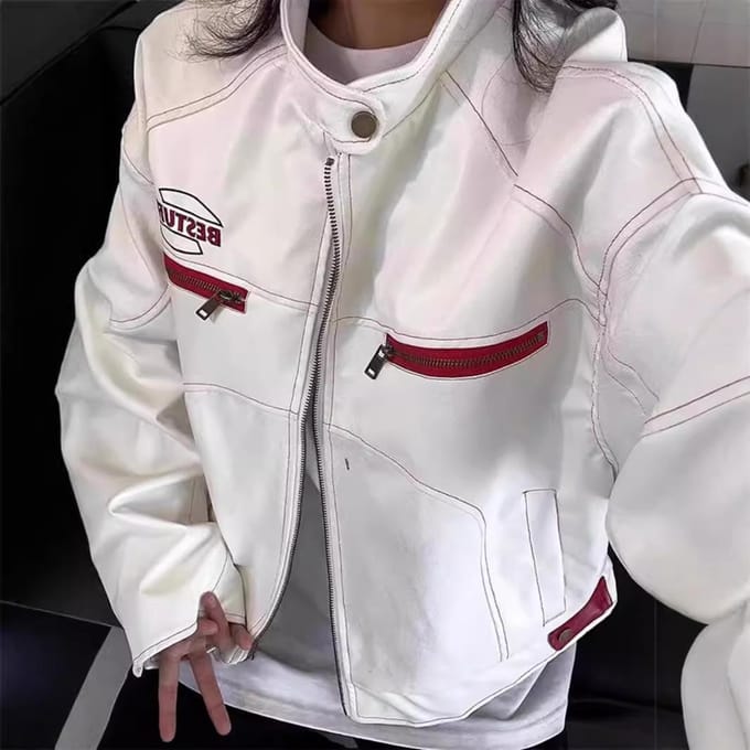 Veste Courte en Cuir Blanc pour Homme Automne et Hiver Veste de Moto Col Montant Veste Brodée M blanc