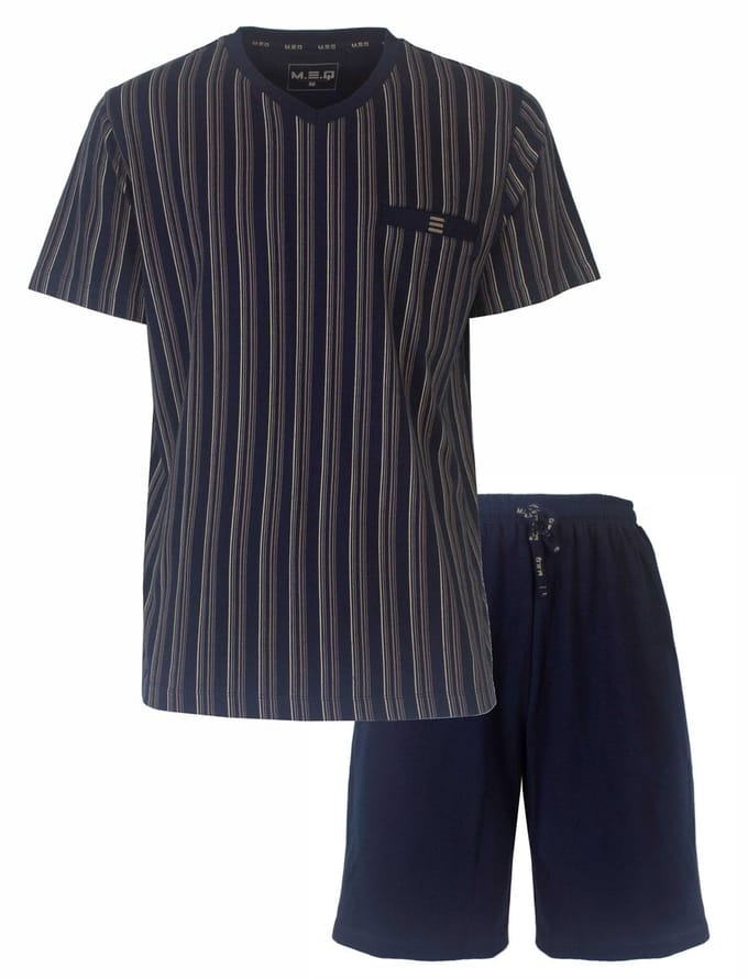 MEQ Heren Shortama - Pyjama Set - 100% Katoen - Gestreept Blauw - Maat S
