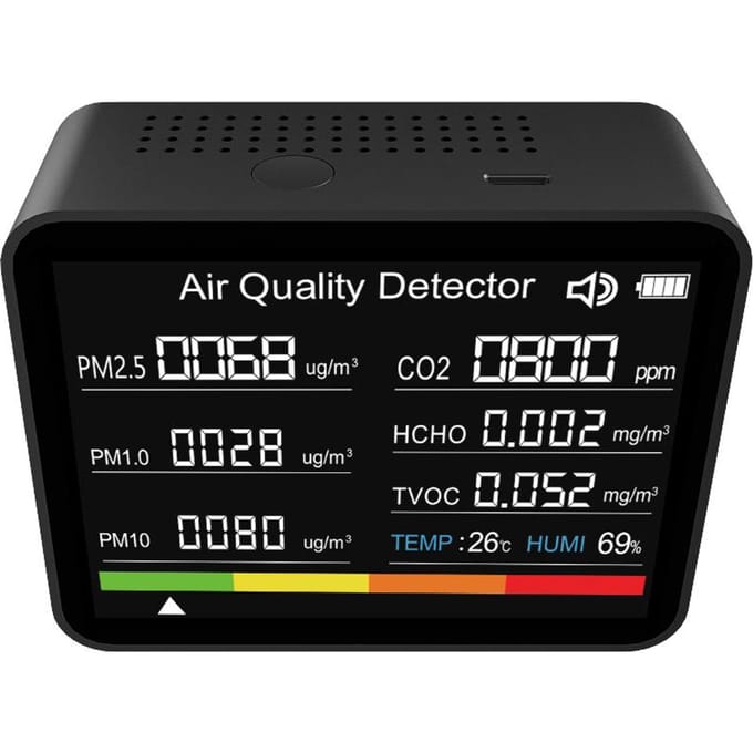 8 in 1 Luchtkwaliteitsmonitor CO2-meter Koolstofdioxidedetector CO2 TVOC HCHO PM2.5 PM1.0 PM10 zwart