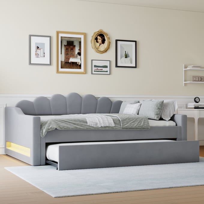 Wishdor Gestoffeerd Dagbed 140x200 cm – Uitschuifbed – LED 7 Kleuren – Linnen – Grijs