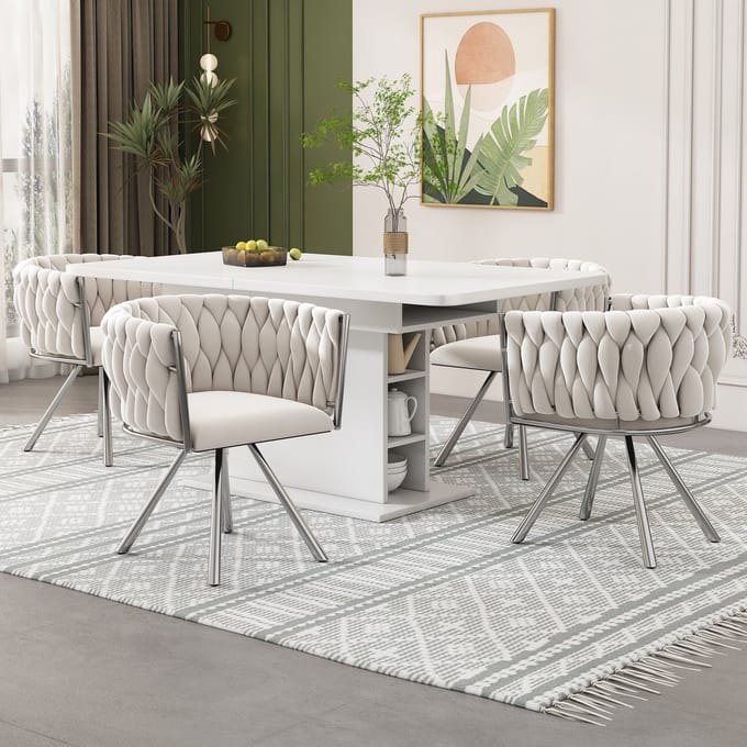 REDOM - Eetkamerstoelen Set Van 4 - Draaibaar - Modern - Fluweel - Beige En Zilver