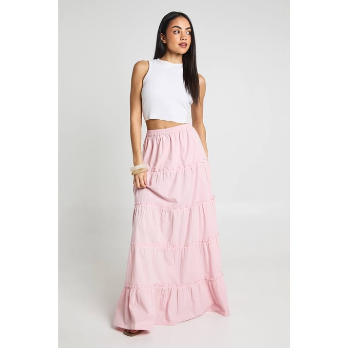 boohoo Dames Gelaagde Katoenen Popeline Maxi Rok | Roze | Maat: 36