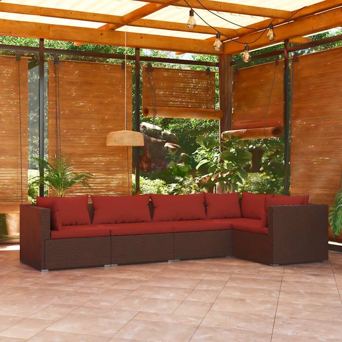 vidaXL - 5-delige - Loungeset - met - kussens - poly - rattan - bruin