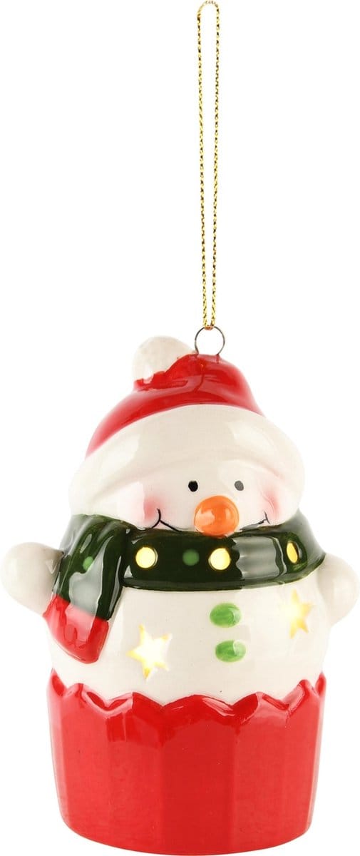 Dekoratief | Hanger sneeuwman, rood/wit, LED, keramiek, 8x7x11cm | A245235