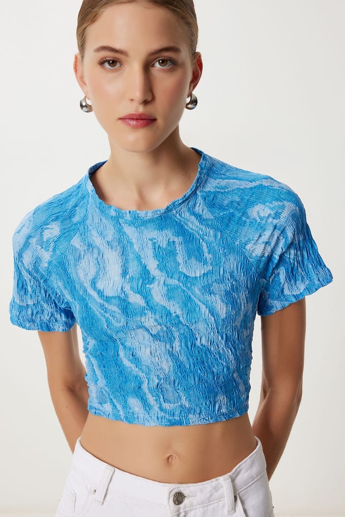 Abstracte Print Korte Mouw Slim Fit Crop Blouse
