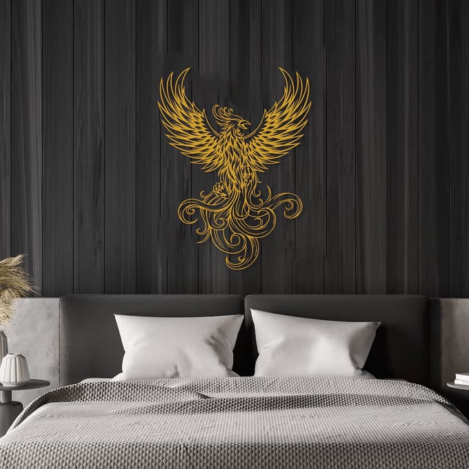 Metalen Wanddecoratie Phoenix – 3D Wandkunst – Goud – 60 x 32 cm
