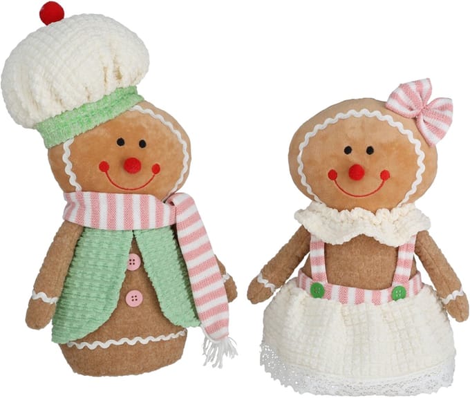 Viv! Christmas Kerstbeeld - Zittende Gingerbread Pop van Stof - set van 2 - pastel - roze groen - 32cm