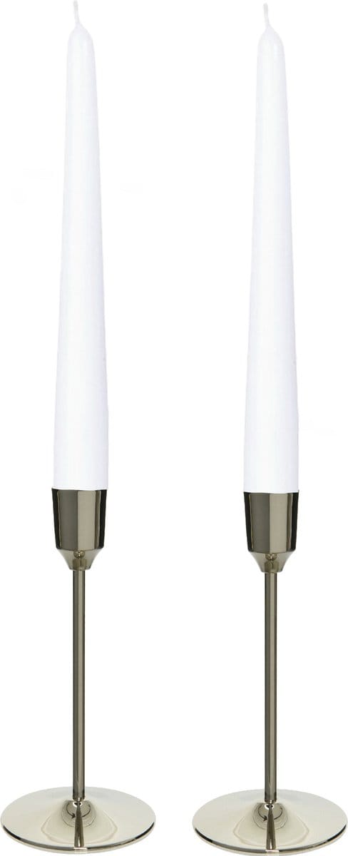 Kandelaars 2x aluminium zilver 20 cm met 12x dinerkaarsen wit