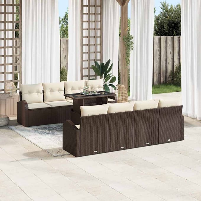 vidaXL Tuinbank Set met kussen met opslag 9 pcs Bruin Poly Riet