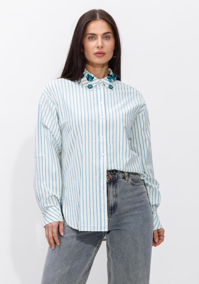 Jansen Amsterdam Micky Blouse Sa 751 Stripe Long Sleeve Sequins At Collar Dames - Jurken - Wit - Maat 34