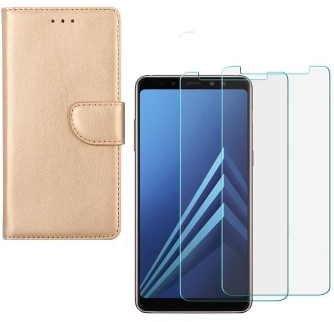 hoesje Geschikt voor: Samsung Galaxy A8 2018 Portemonnee Goud met 2 stuks Glas Screen protector
