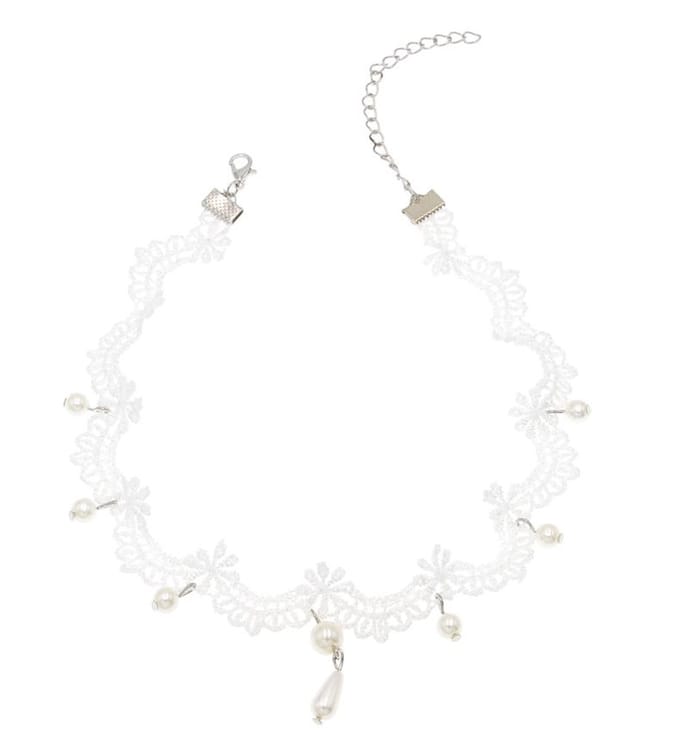 Druppel Choker - Ketting - Collier - Wit gevlochten - 31 + 8 cm - 1 stuks Parels