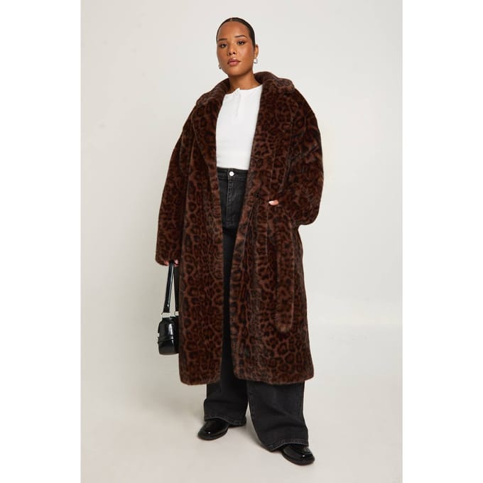 boohoo Dames Plus jas met band in de taille, nepbont, lang gesneden jasje | Leopard | Maat: 16
